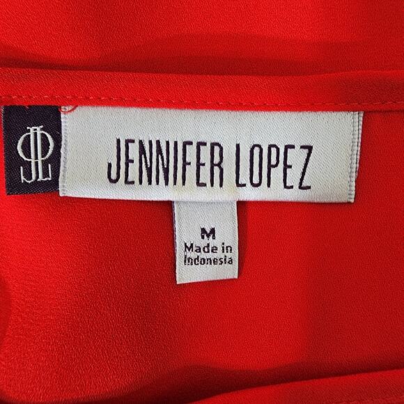 Jennifer Lopez Womens Chiffon Faux Wrap Top M Red Keyhole Wide 3/4 Sleeve Light - Picture 7 of 9